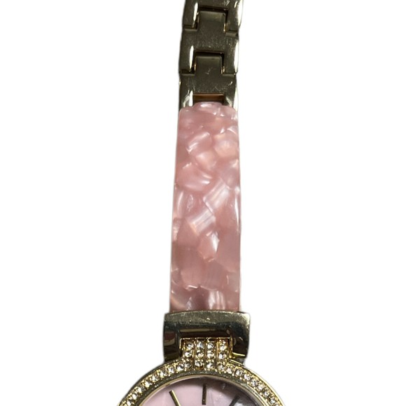 Pink Watch Accutime Marbleized Resin Gold Stainless Steel Diamonds - Picture 4 of 8